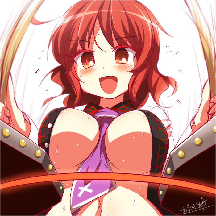 bad_id bad_pixiv_id banned_artist between_breasts blush breasts drum drum_set drumming drumsticks flying_sweatdrops from_below horikawa_raiko instrument kisaragi_zwei large_breasts midriff music navel necktie necktie_between_breasts no_bra open_clothes open_mouth open_shirt playing_instrument purple_neckwear red_eyes red_hair shirt smile solo sweat touhou upper_body