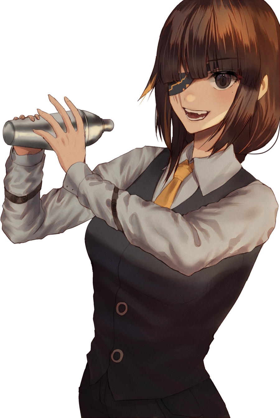 bartender bottle brown_eyes brown_hair eyepatch girls'_frontline highres long_hair looking_at_viewer m16a1_(girls'_frontline) mole mole_under_eye necktie open_mouth scar shirt smile white_shirt xanax025 yellow_necktie