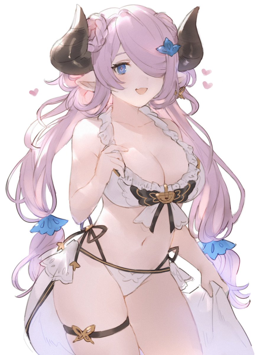 1girl :d bikini blue_eyes braid breasts cape cleavage commentary cowboy_shot curled_horns deep_skin draph frilled_bikini frills granblue_fantasy hair_between_eyes hair_ornament hair_over_one_eye hairclip heart highres horns large_breasts light_blush long_hair official_alternate_costume pointy_ears smile solo star_v1sta swimsuit thigh_strap twintails white_background white_bikini white_cape