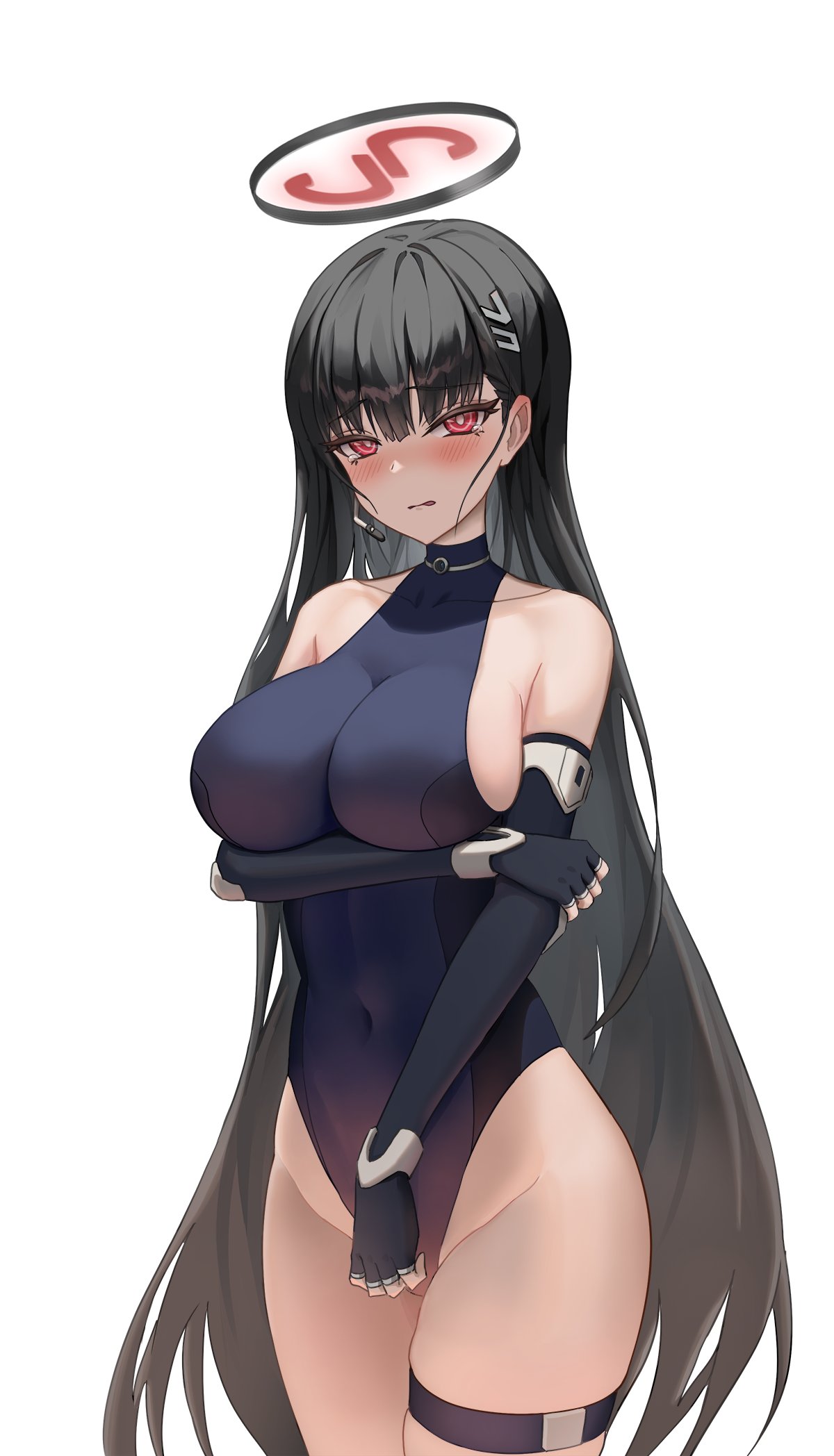 1girl alternate_costume bare_shoulders black_hair blue_archive blue_leotard blush breasts cleavage collarbone commentary_request cosplay cowboy_shot geomissword hair_ornament halo halter_leotard halterneck headset highleg highleg_leotard highres large_breasts leotard long_hair looking_at_viewer parted_lips red_eyes rio_(blue_archive) simple_background solo tearing_up thigh_strap toki_(blue_archive) very_long_hair white_background