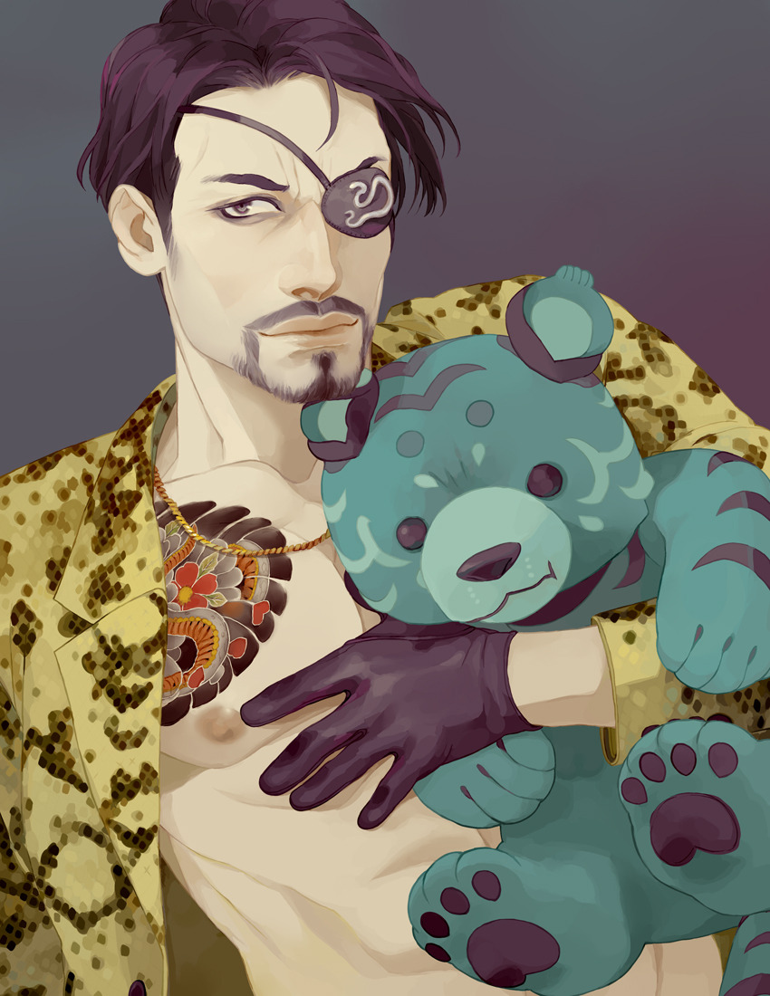 1boy black_gloves black_hair chain_necklace chest_tattoo collarbone eyepatch facial_hair gloves goatee holding holding_stuffed_toy jacket jewelry looking_at_viewer majima_goro male_focus necklace nipples one-eyed open_clothes paexie ryuu_ga_gotoku_(series) short_hair simple_background snake_print solo stuffed_toy tattoo yakuza