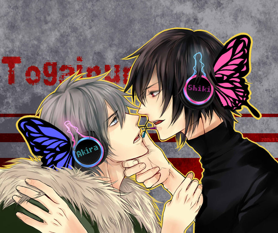 2boys akira_(togainu_no_chi) black_hair black_shirt blue_eyes character_name commentary copyright_name from_side fur-trimmed_jacket fur_trim grey_background grey_hair hair_between_eyes hand_on_another's_chin headphones jacket kiriink looking_at_another magnet_(vocaloid) male_focus multiple_boys outline profile red_eyes shiki_(togainu_no_chi) shirt short_hair sweater togainu_no_chi turtleneck turtleneck_sweater upper_body yaoi yellow_outline