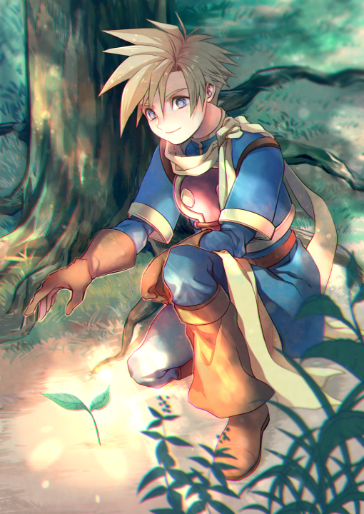 1boy armor blonde_hair blue_eyes blue_tunic breastplate gloves golden_sun isaac_(golden_sun) leather leather_gloves light_smile magic male_focus oas on_one_knee sapling scarf short_hair solo spiked_hair tree yellow_scarf