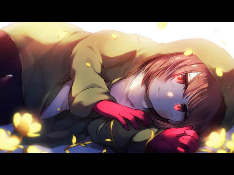 1other black_border black_pants blush border brown_hair chara_(undertale) closed_mouth english_commentary flower gloves green_hoodie hair_between_eyes hood hoodie lari-lab long_sleeves looking_at_viewer lying on_side open_clothes open_hoodie pants petals puffy_long_sleeves puffy_sleeves red_eyes red_gloves shadow short_hair simple_background smile solo storyshift sweater turtleneck turtleneck_sweater undertale white_background white_sweater yellow_flower