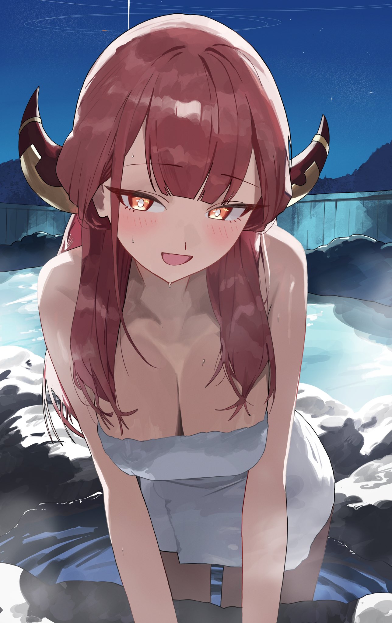 1girl aru_(blue_archive) bare_shoulders black_eyeliner blue_archive blush breasts cleavage collarbone demon_horns eyelashes eyeliner halo hand_on_ground hand_rest highres horns large_breasts long_hair looking_at_viewer makeup naked_towel night night_sky onsen open_mouth pink_hair red_hair rock sky smile solo star_(sky) sweat sweatdrop thighs towel ushiwaka water yellow_eyes