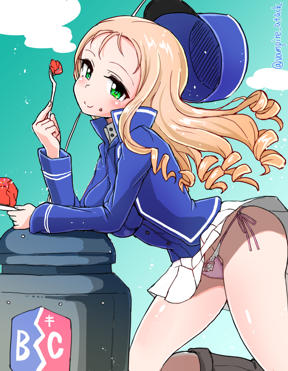 1girl bc_freedom_(emblem) bc_freedom_military_uniform black_footwear blonde_hair blue_headwear blue_jacket blue_sky blue_vest boots bow bow_panties closed_mouth clothes_lift cloud cloudy_sky commentary day dress_shirt drill_hair eating emblem food food_on_face from_side ft-17 futaba_yodoyume girls_und_panzer green_eyes hat high_collar highres holding holding_plate jacket kepi kneeling leaning_forward long_hair long_sleeves looking_at_viewer marie_(girls_und_panzer) military_hat military_uniform military_vehicle miniskirt motor_vehicle on_vehicle outdoors panties pantyshot pink_panties plate pleated_skirt shirt side-tie_panties skirt skirt_lift sky smile solo string_panties tank twitter_username underwear uniform vest white_shirt white_skirt wind wind_lift