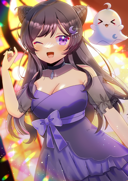 &gt;_&lt; 1girl :d ;d ahoge bare_shoulders black_choker blurry blurry_background breasts brown_hair choker cleavage collarbone commentary_request commission cone_hair_bun copyright_request crescent depth_of_field detached_sleeves dress ghost hair_bun hand_up kou_hiyoyo long_hair looking_at_viewer medium_breasts one_eye_closed puffy_short_sleeves puffy_sleeves purple_dress purple_eyes see-through see-through_sleeves short_sleeves skeb_commission smile solo stained_glass strapless strapless_dress very_long_hair virtual_youtuber xd