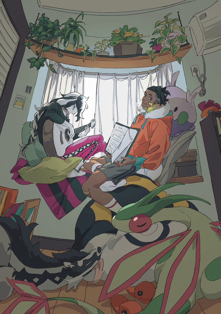 2boys air_conditioner alternate_costume black_hair bookshelf braid closed_mouth curtains dark-skinned_male dark_skin flygon goomy holding holding_instrument hood hooded_jacket indoors instrument jacket long_hair male_focus molymes multicolored_hair multiple_boys music obstagoon orange_jacket pants piers_(pokemon) pink_pants plant playing_instrument pokemon pokemon_swsh potted_plant raihan_(pokemon) scraggy shelf short_hair sitting smile themed_object trapinch two-tone_hair white_hair yamper