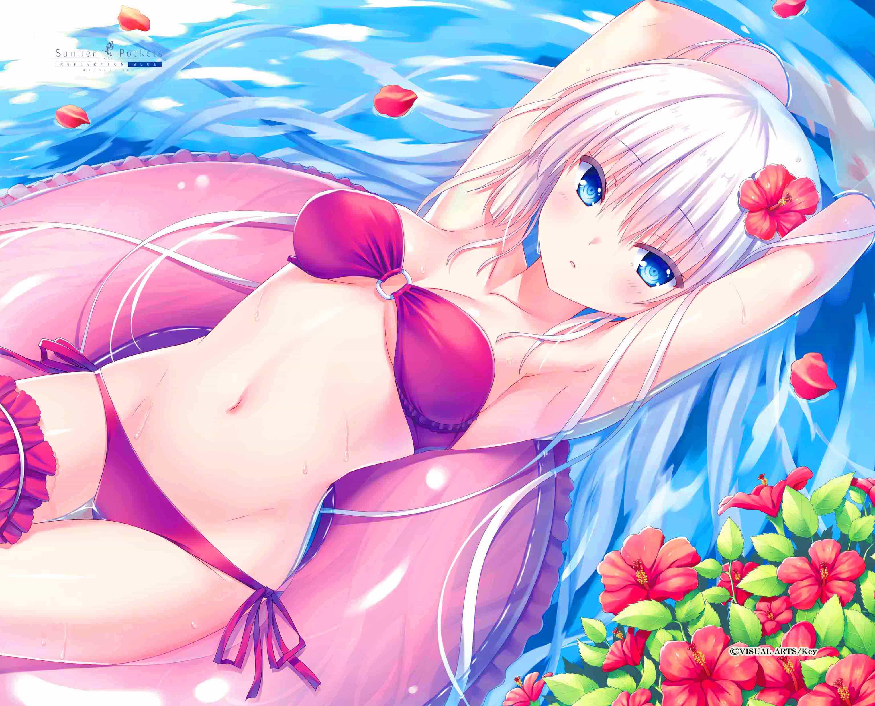 1girl absurdres alternate_costume armpits arms_up bikini blue_eyes blush breasts collarbone company_name copyright_name cowboy_shot curvy dutch_angle eyes_visible_through_hair floating_hair flower groin hair_between_eyes hair_flower hair_ornament hair_spread_out highres leaf long_hair looking_at_viewer medium_breasts midriff na-ga naruse_shiroha navel o-ring o-ring_bikini o-ring_top official_art parted_lips petals petals_on_liquid pink_bikini pink_innertube red_flower ringed_eyes side-tie_bikini_bottom solo stomach summer summer_pockets swimsuit thigh_gap thigh_strap very_long_hair water wet white_hair