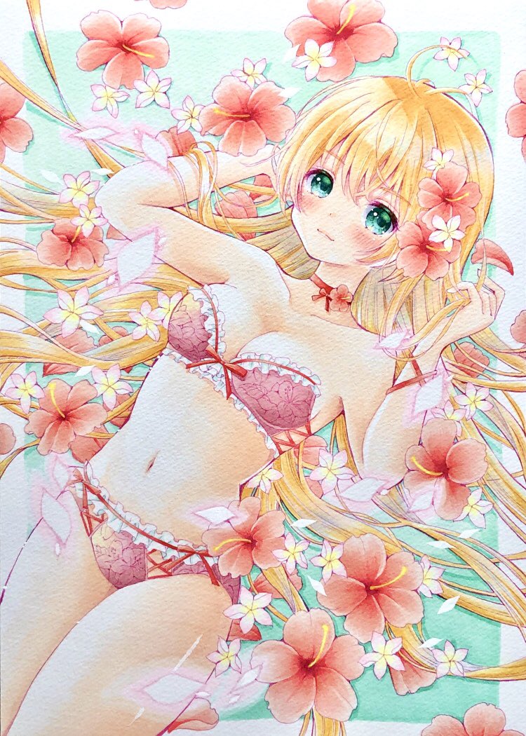 1girl blonde_hair blue_eyes bow bow_bra bra breasts choker closed_mouth commentary_request cowboy_shot dutch_angle embroidered_bra embroidered_panties flower frilled_bra frilled_panties frills hair_flower hair_ornament hands_in_hair hibiscus lilylily0601 long_hair marker_(medium) navel original panties pink_flower red_bra red_choker red_flower red_panties small_breasts smile solo standing strapless strapless_bra traditional_media underwear underwear_only very_long_hair wind