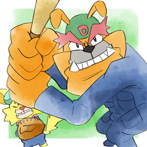 2boys baseball_bat baseball_mitt blue_jumpsuit brown_fur cat dog dribble_(warioware) fangs furry furry_male holding holding_baseball_bat jumpsuit looking_at_viewer multiple_boys official_art red_nose spitz takeuchi_kou third-party_source warioware warioware:_get_it_together! yellow_fur