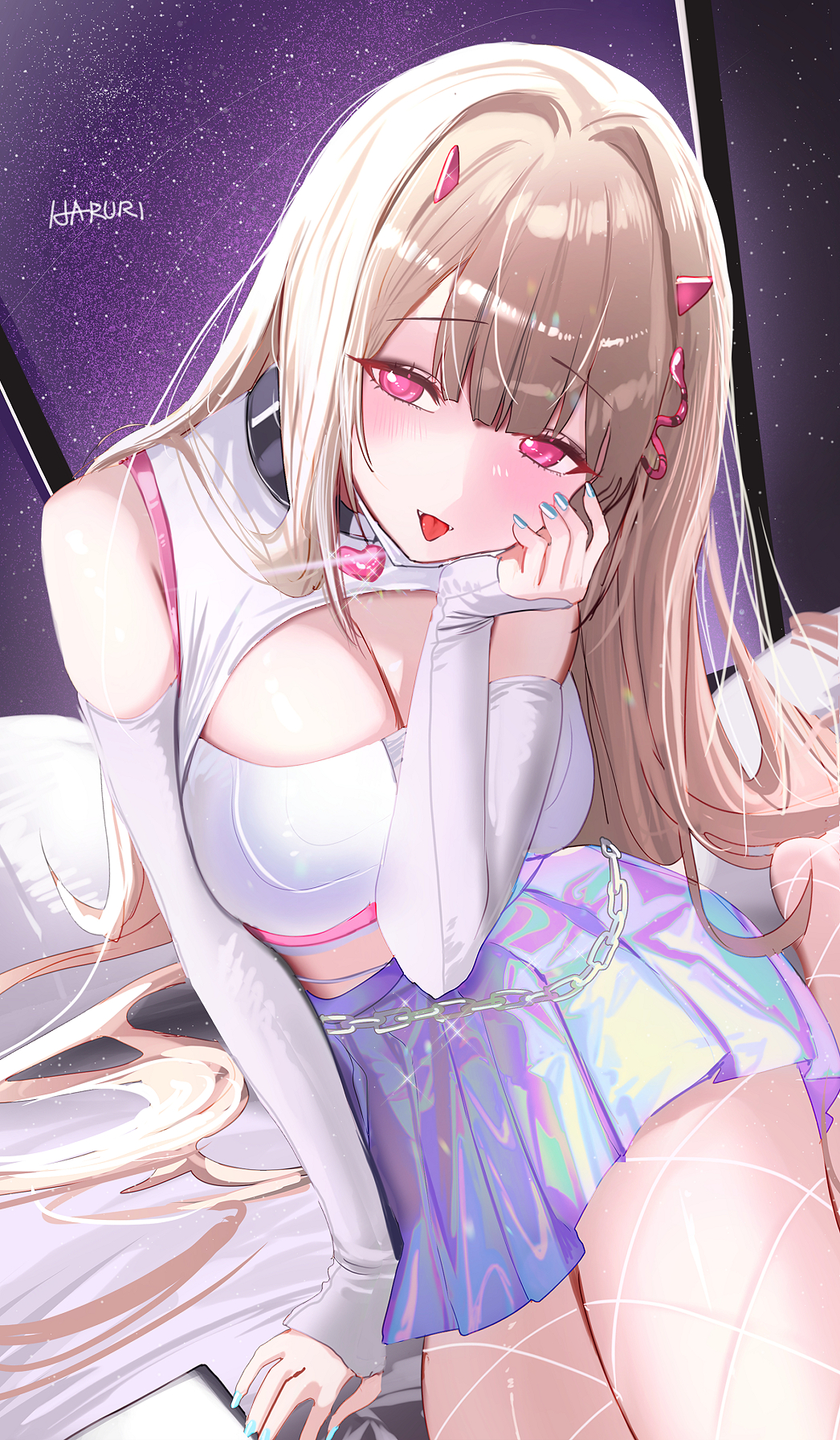 1girl artist_name bare_shoulders blush breasts brown_hair cleavage cleavage_cutout clothing_cutout commentary crop_top detached_sleeves fishnet_pantyhose fishnets goddess_of_victory:_nikke haruri head_rest heart_collar highres holographic_clothing horns indoors iridescent large_breasts light_brown_hair long_hair looking_at_viewer mask mask_pull midriff mouth_mask night night_sky pantyhose parted_bangs pink_eyes pink_horns shiny_skirt shirt sitting sky sleeveless sleeveless_shirt sleeves_past_wrists solo star_(sky) starry_sky tongue tongue_out viper_(nikke) white_mask white_nails white_shirt
