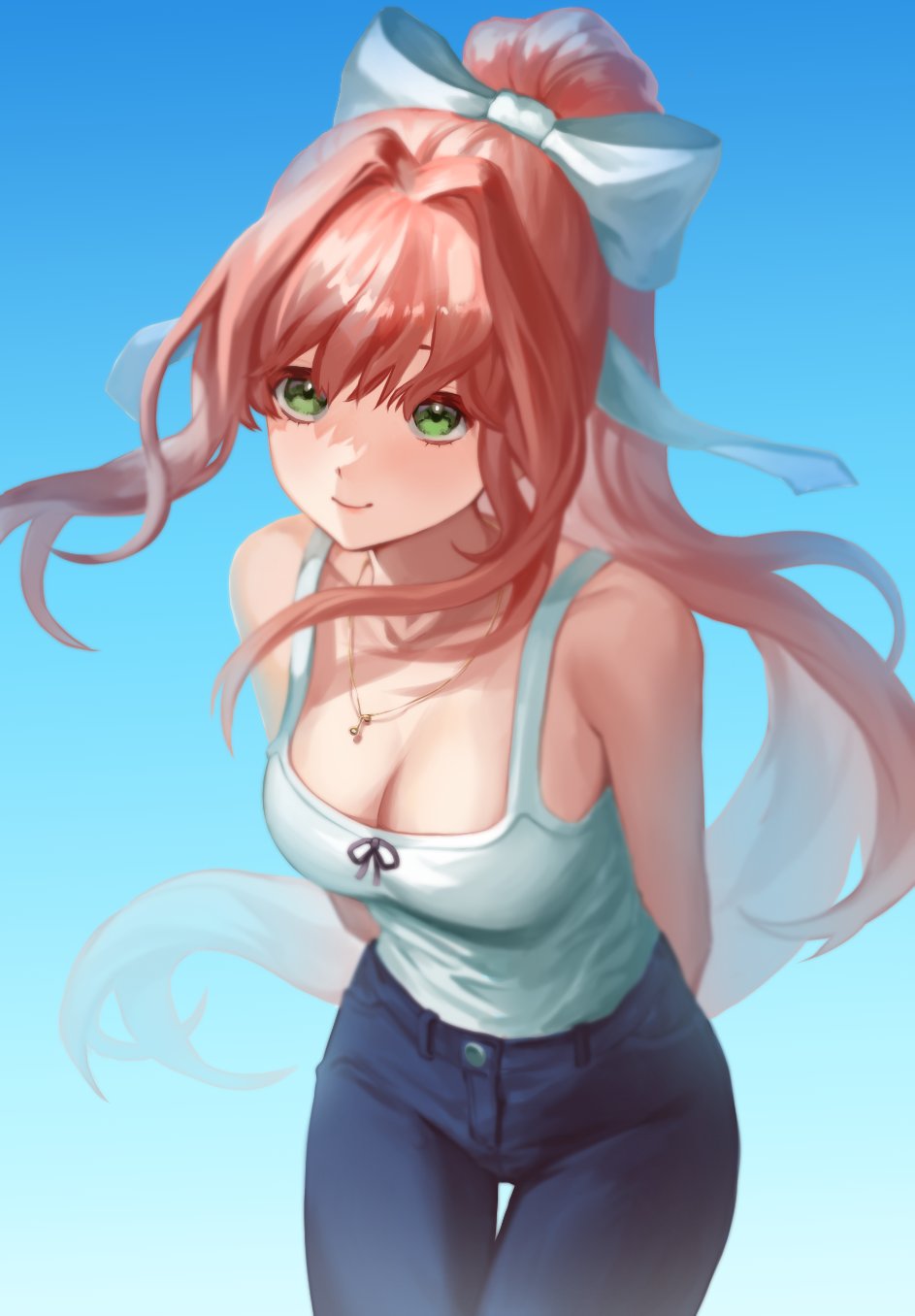 1girl arms_behind_back bare_shoulders bent_over black_bow blue_background blue_pants bow bow_camisole breasts brown_hair camisole casual chain cleavage closed_mouth collarbone commentary cowboy_shot denim doki_doki_literature_club floating_hair gold_chain gradient_background green_eyes hair_bow hair_intakes hair_ribbon high_ponytail highres jeans jewelry leaning_forward long_hair looking_at_viewer medium_breasts monika_(doki_doki_literature_club) mutchang043 necklace outdoors pants ponytail ribbon sidelocks smile solo standing symbol-only_commentary thigh_gap upturned_eyes very_long_hair white_bow white_camisole white_ribbon wind