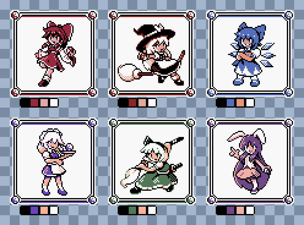 6+girls animal_ears blue_bow border bow broom checkered_background cirno crossed_arms dress english_commentary fairy hair_bow hakurei_reimu hat ice ice_wings izayoi_sakuya kirisame_marisa konpaku_youmu limited_palette long_hair mary_janes mini-hakkero multiple_girls orb pinafore_dress pixel_art pokemon_gsc_(style) rabbit_ears reisen_udongein_inaba shoes skirt sleeveless sleeveless_dress suwa_lagito touhou tray very_long_hair wings witch_hat yin_yang yin_yang_orb