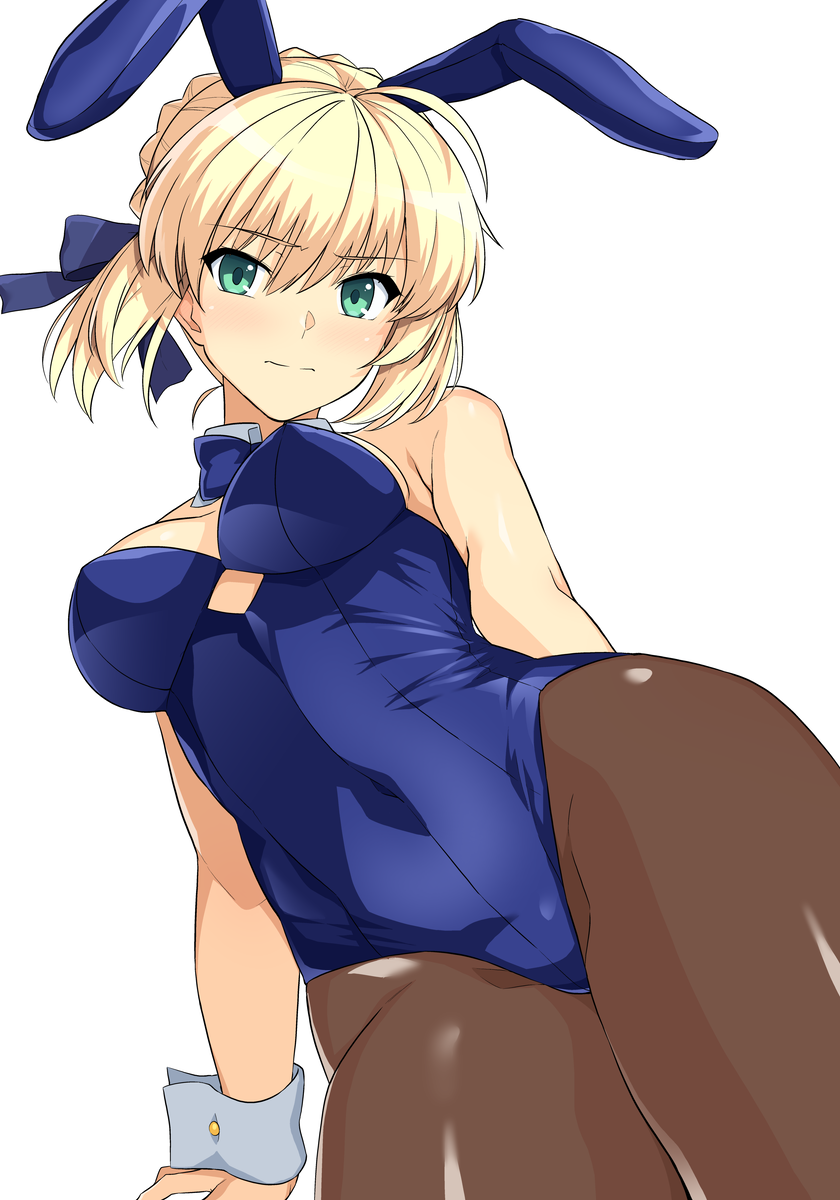 1girl ahoge animal_ears artoria_pendragon_(fate) blonde_hair blue_bow blue_bowtie blue_leotard blue_ribbon blush bow bowtie breasts brown_pantyhose closed_mouth covered_navel detached_collar fake_animal_ears fate/grand_order fate/stay_night fate_(series) from_below green_eyes hair_ribbon haruhisky highres leotard looking_at_viewer medium_breasts pantyhose playboy_bunny rabbit_ears ribbon saber_(fate) simple_background solo standing white_background white_wrist_cuffs wrist_cuffs