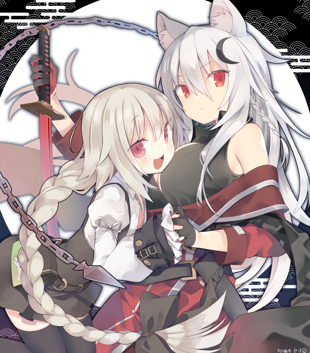 2girls animal_ear_fluff animal_ears bare_shoulders black_background black_bow black_gloves black_skirt bow braid breasts chain cleavage commission copyright_request crescent crescent_hair_ornament egasumi gloves grey_hair hair_between_eyes hair_bow hair_ornament holding holding_hands holding_sword holding_weapon juliet_sleeves katana large_breasts leaning_forward long_hair long_sleeves multiple_girls off_shoulder puffy_sleeves red_eyes shirt single_braid skeb_commission skirt sleeves_past_wrists sword two-tone_background very_long_hair weapon white_background white_hair white_shirt yuzuki_gao