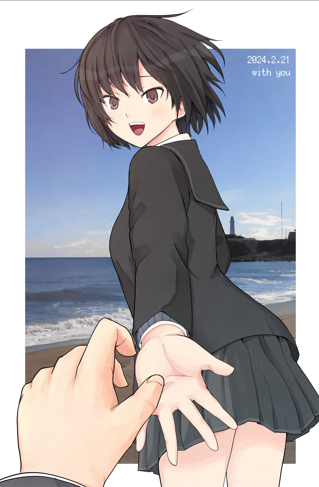 1boy 1girl :d amagami beach black_hair black_jacket black_sailor_collar black_skirt blazer blue_sky border breasts brown_eyes cloud collared_shirt commentary cowboy_shot dated dress_shirt english_commentary english_text grey_sweater highres imminent_hand_holding jacket kibito_high_school_uniform lighthouse long_sleeves looking_at_viewer looking_back medium_breasts nanasaki_ai open_mouth outside_border outstretched_arm photo_background pleated_skirt pov pov_hands reaching reaching_towards_viewer sailor_collar saitou_shouki sand school_uniform shirt short_hair skirt sky smile solo solo_focus standing sweater tachibana_jun'ichi teeth upper_teeth_only water waves white_border white_shirt