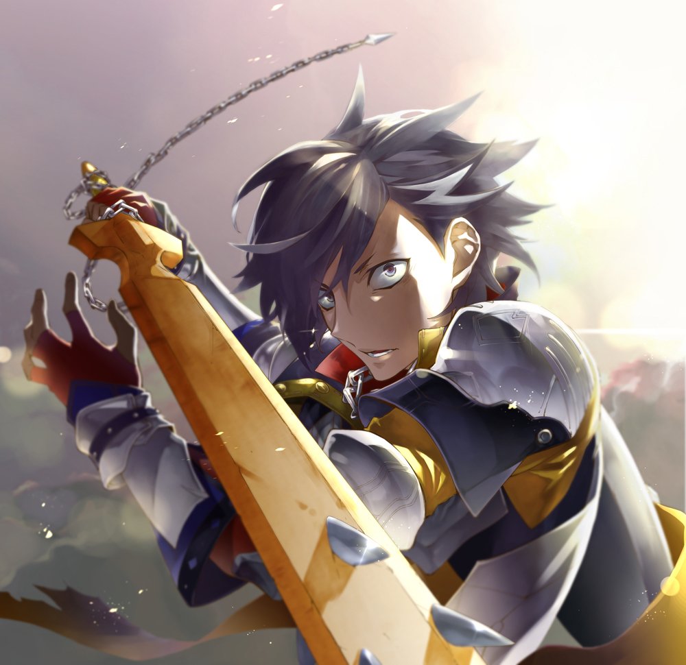 1boy armor black_hair chain debris dust fate/grand_order fate_(series) fighting_stance fingerless_gloves gloves grey_eyes hair_between_eyes holding holding_sword holding_weapon kotobuki_toro lower_teeth_only male_focus mandricardo_(fate) multicolored_hair parted_lips red_gloves shoulder_armor sideburns sidelighting solo streaked_hair sword teeth upper_body weapon