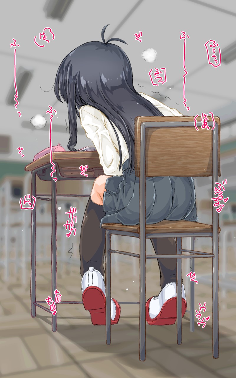 1girl asashio_(kancolle) black_hair black_socks chair classroom commentary_request desk from_behind full_body grey_skirt have_to_pee highres indoors kantai_collection kneehighs long_hair miniskirt narumiya_(narumiya) paid_reward_available pleated_skirt school_chair school_desk shirt sitting skirt socks solo sound_effects variant_set white_shirt