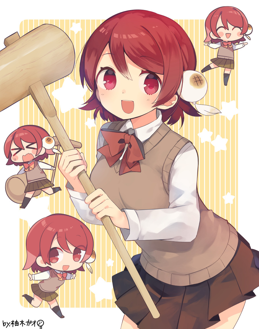 &gt;_&lt; 1girl :d ^_^ black_socks blush blush_stickers bow breasts brown_background brown_footwear brown_skirt closed_eyes collared_shirt commission copyright_request food holding holding_mallet kine kneehighs long_sleeves mallet medium_breasts mochi multiple_views pleated_skirt red_bow red_eyes red_hair running school_uniform shirt shoes skeb_commission skirt smile socks starry_background sweater_vest two-tone_background white_background white_shirt yuzuki_gao