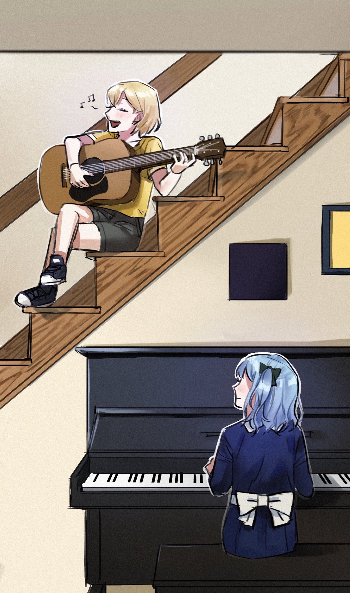 2girls aged_down bang_dream! bang_dream!_it's_mygo!!!!! black_bow black_footwear blonde_hair blue_dress blue_hair blush bow closed_eyes closed_mouth commentary dress grey_shorts hashtag_only_commentary highres indoors instrument misumi_uika multiple_girls music nohee07 open_mouth piano playing_guitar playing_instrument playing_piano shirt short_hair short_sleeves shorts singing sitting stairs teeth togawa_sakiko two_side_up upper_teeth_only white_bow yellow_shirt