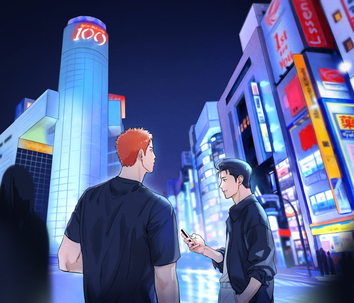 2boys back black_hair building city_lights hand_in_pocket holding holding_phone looking_up male_focus mito_youhei multiple_boys neon_lights night nongnol234 outdoors phone pompadour profile red_hair sakuragi_hanamichi slam_dunk_(series) upper_body