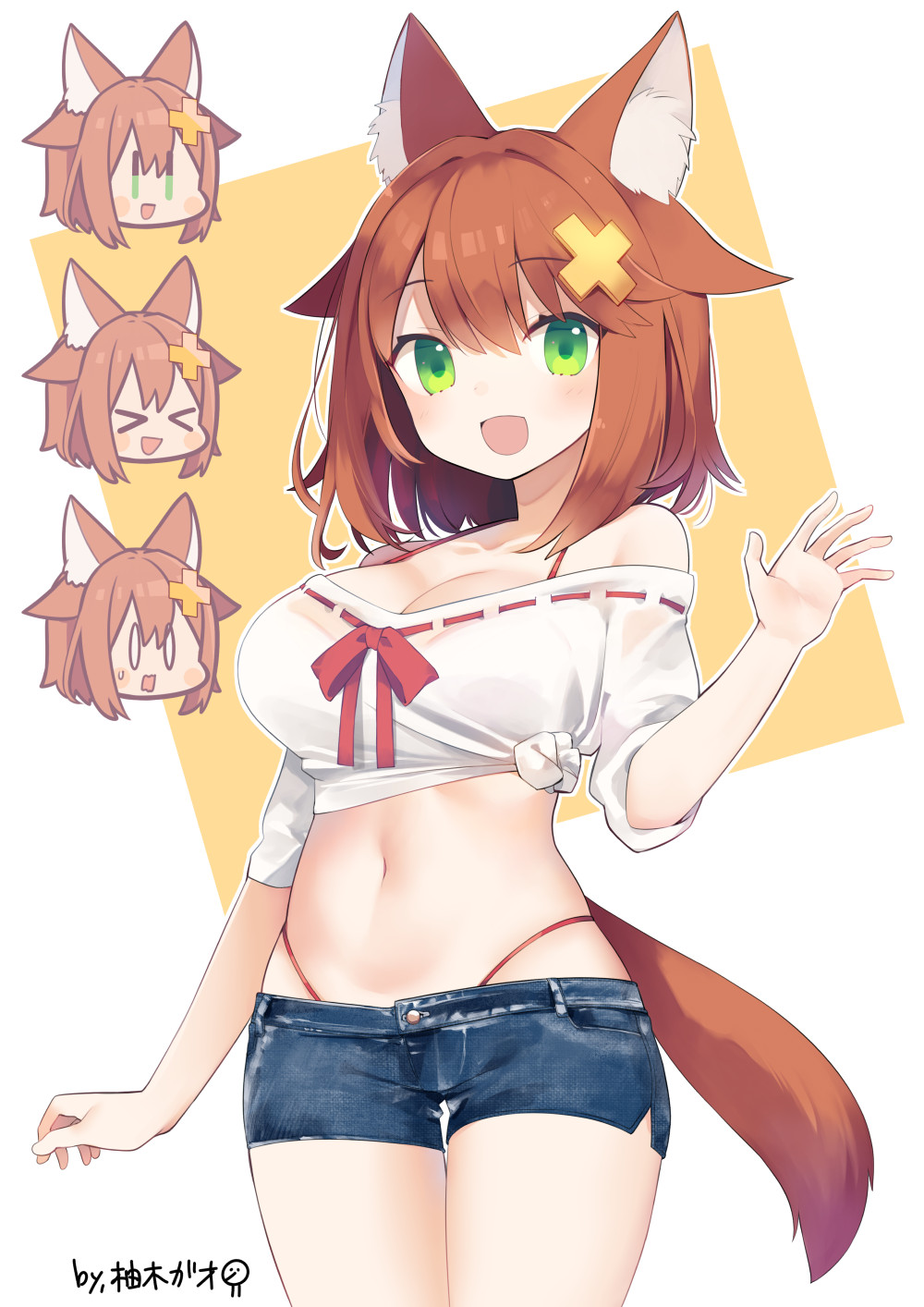 &gt;_&lt; 0_0 1girl :d animal_ear_fluff animal_ears blue_shorts blush_stickers breasts brown_hair cleavage closed_eyes commission copyright_request denim denim_shorts green_eyes hair_between_eyes hair_ornament highleg highleg_panties highres medium_breasts off-shoulder_shirt off_shoulder orange_background panties red_panties ribbon-trimmed_shirt shirt short_shorts short_sleeves shorts skeb_commission skindentation smile sweat tail tied_shirt two-tone_background underwear white_background white_shirt x_hair_ornament xd yuzuki_gao |_|