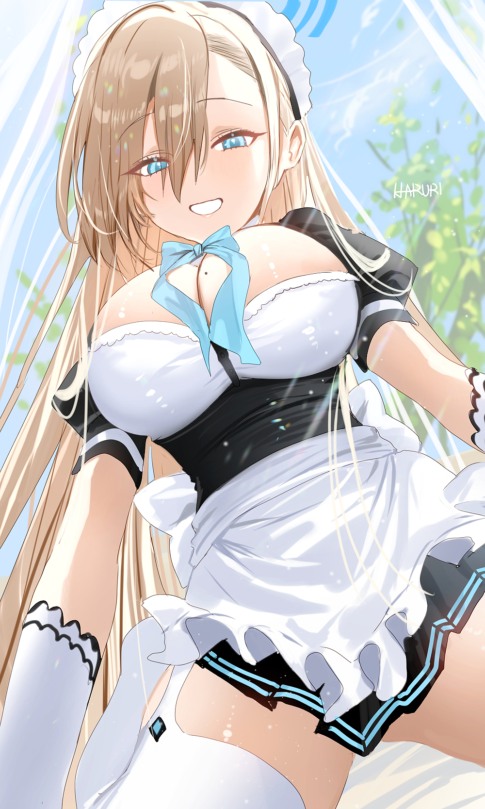 1girl apron asuna_(blue_archive) black_dress blue_archive blue_eyes blue_halo blush breasts cleavage cowboy_shot dress frilled_apron frills gloves grin hair_over_one_eye halo haruri highres large_breasts light_brown_hair long_hair maid maid_apron maid_headdress short_sleeves smile solo thighhighs white_apron white_gloves white_thighhighs