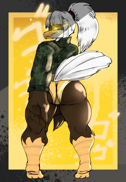 accipitrid accipitriform anthro avian bald_eagle bird brown_body butt camo camo_print clothing eagle feathers female glowing glowing_eyes hair jacket looking_at_viewer mariana_gutierrez menancing ponytail rear_view sea_eagle solo sugarnsalt tail tail_feathers thick_thighs topwear white_hair white_tail yellow_eyes