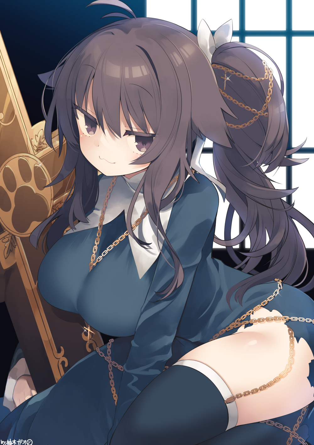 1girl :3 black_thighhighs blue_dress breasts brown_eyes brown_hair chain closed_mouth commission copyright_request cross dress hair_between_eyes hair_flaps hair_ribbon highres large_breasts leaning_forward long_hair long_sleeves looking_at_viewer ribbon side_ponytail skeb_commission sleeves_past_wrists solo thighhighs torn_clothes torn_dress very_long_hair white_ribbon window yuzuki_gao