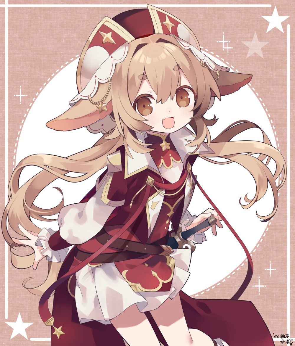 :d animal_ears blush brown_background brown_eyes brown_hair commission copyright_request dress fang feet_out_of_frame hair_between_eyes hand_on_hilt hat jacket layered_sleeves long_hair long_sleeves looking_at_viewer open_clothes open_jacket pleated_skirt puffy_long_sleeves puffy_sleeves red_dress red_headwear red_jacket short_eyebrows short_over_long_sleeves short_sleeves skeb_commission skirt smile star_(symbol) sword thick_eyebrows very_long_hair weapon white_skirt yuzuki_gao