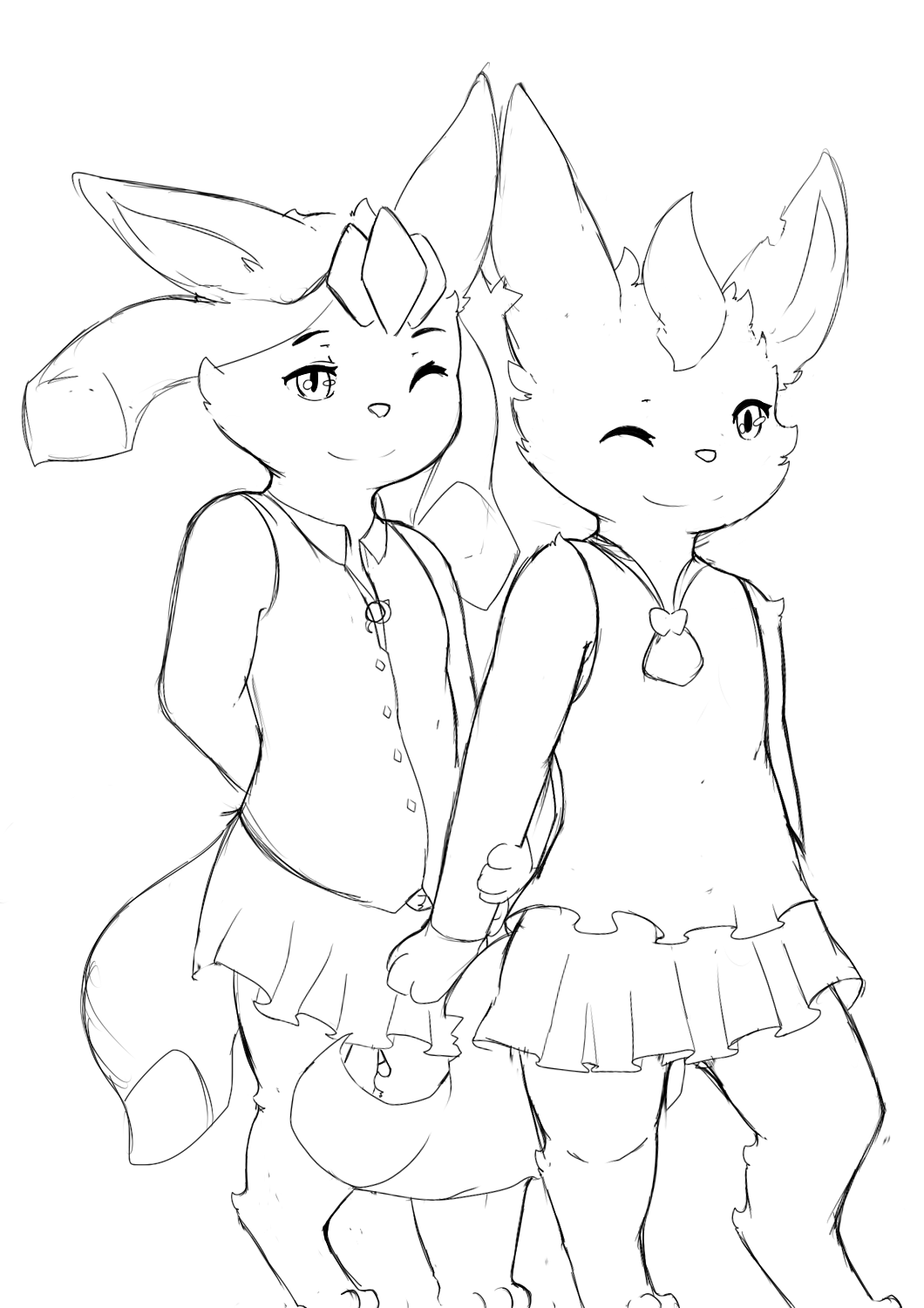 3_fingers 3_toes anthro bottomwear clothed clothing duo eeveelution feet female fingers generation_4_pokemon glaceon half-closed_eyes hand_holding hi_res jewelry leafeon monochrome narrowed_eyes necklace nintendo paws pokemon pokemon_(species) portrait ribbons sketch skirt smile three-quarter_portrait toes unknown_artist