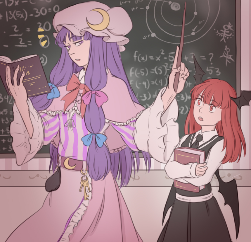 2girls bat_wings belt book book_hug capelet chalkboard crescent diagram equation flandre_scarlet hair_ornament hair_ribbon hat height_difference holding holding_book jitome key keychain koakuma long_hair long_sleeves math mefomefo mob_cap multiple_girls neck_ribbon necktie patchouli_knowledge purple_eyes purple_hair red_eyes red_hair remilia_scarlet ribbon school stick stick_figure teaching touhou vest wings