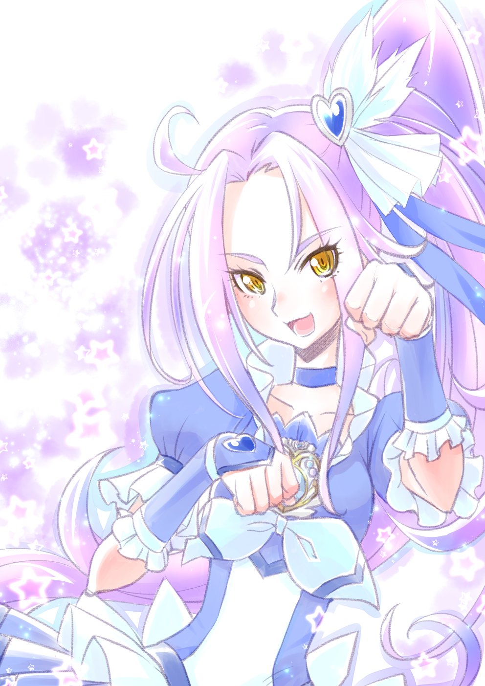 1girl blue_choker blue_skirt bow brooch cat_day choker cure_beat frills gradient_background hair_ornament heart highres jewelry kurokawa_eren long_hair maboroshineko magical_girl paw_pose precure purple_arm_warmers purple_background purple_hair ribbon side_ponytail skirt smile solo suite_precure upper_body wrist_cuffs yellow_eyes