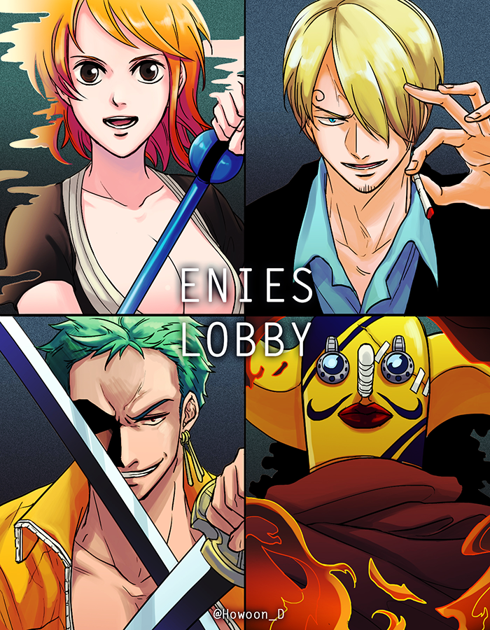 1girl 3boys bandage black_hair blonde_hair breasts cape cigarette cleavage dual_wielding earrings enies_lobby fire goggles green_hair jewelry mask mirage multiple_boys nami nami_(one_piece) one_piece orange_hair roronoa_zoro sanji smoking suit sword usopp weapon