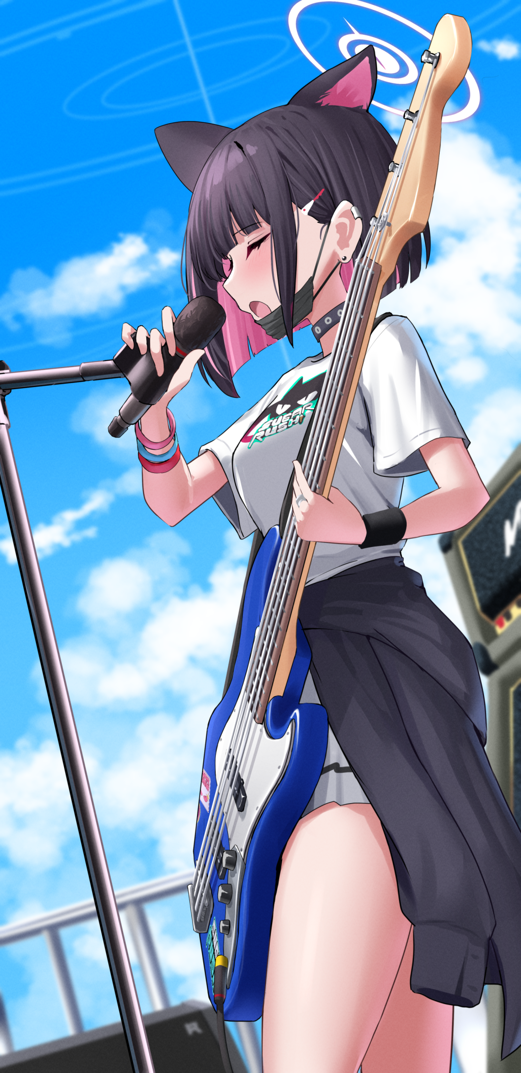 1girl animal_ears black_choker black_hair blue_archive blush cat_ears choker colored_inner_hair commentary_request cowboy_shot day electric_guitar extra_ears guitar halo highres instrument kazusa_(blue_archive) microphone microphone_stand multicolored_hair nichijo official_alternate_costume open_mouth outdoors pink_hair pink_halo pleated_skirt shirt short_hair short_sleeves skirt solo white_shirt white_skirt