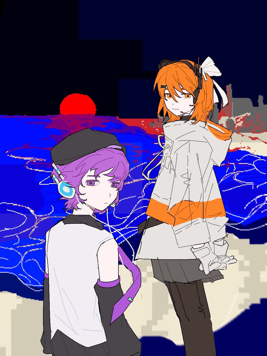 2girls a.i._voice adachi_rei arms_at_sides arms_behind_back beach black_sky blood blood_in_water blood_splatter chinese_commentary closed_mouth commentary_request detached_sleeves expressionless feet_out_of_frame floating_neckwear gloves grey_skirt half-closed_eyes headset highres hood hood_down hooded_jacket interlocked_fingers jacket kikaijima_(utau) long_sleeves looking_at_viewer looking_back looking_to_the_side multiple_girls necktie ocean orange_eyes orange_hair outdoors own_hands_together pixelated pleated_skirt purple_eyes purple_hair purple_necktie red_sun reflection reflective_water robot_ears shirt skirt sky sleeveless sleeveless_shirt standing sunset utane_uta utau white_gloves white_shirt yo-san_(buzhidaoqishanicheng60804)