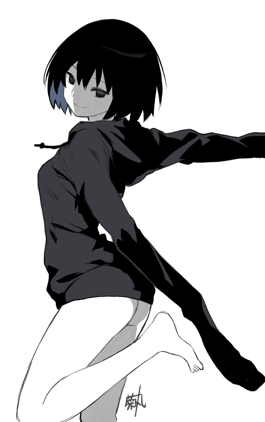 1girl arms_behind_back artist_name ass barefoot black_eyes black_hair black_hoodie bob_cut bottomless breasts closed_mouth commentary drawstring foot_up from_behind hair_between_eyes highres hood hood_down hoodie kikumaru_bunta looking_at_viewer looking_back medium_breasts monogatari_(series) no_panties oshino_ougi outstretched_arms pale_skin short_hair signature simple_background sleeves_past_fingers sleeves_past_wrists smile solo toes translated very_long_sleeves white_background