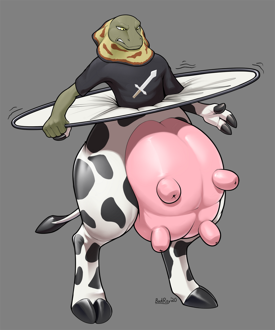 3_fingers anthro badroy big_udders black_clothing black_shirt black_topwear bottomless bovid bovine cattle clothed clothing fingers grey_background hoop_transformation lizard male mammal reptile scalie shirt signature simple_background solo teats topwear transformation udders wide_hips yellow_eyes