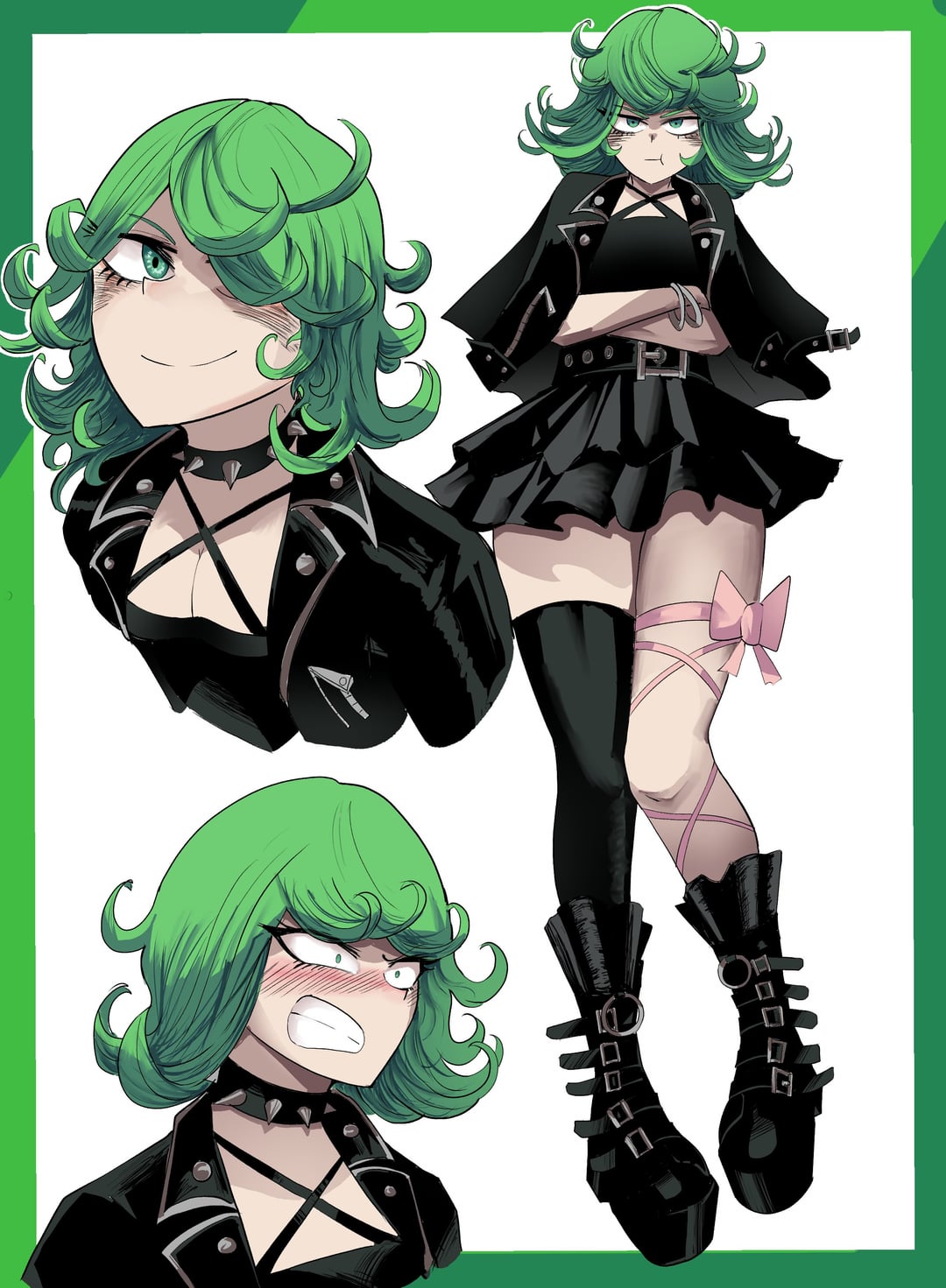 arms_crossed between boots clothes collar curled_up_hair emerald_eyes fullbody gothic green_hair highres jacket non-web_source open piercing punkish ribbon skirt thigh-highs white_background