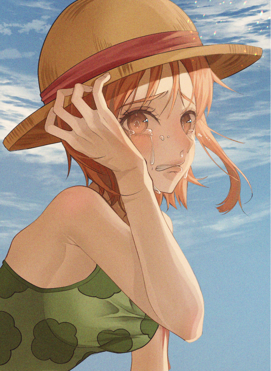 1girl armpit_crease bare_shoulders blood blood_on_arm blue_sky blush breasts cloud cloudy_sky commentary crying green_tank_top hand_on_headwear hand_up hat highres looking_at_viewer medium_breasts micca nami_(one_piece) one_piece orange_eyes orange_hair outdoors parted_lips short_hair single_sidelock sky solo straw_hat tank_top teardrop tears upper_body