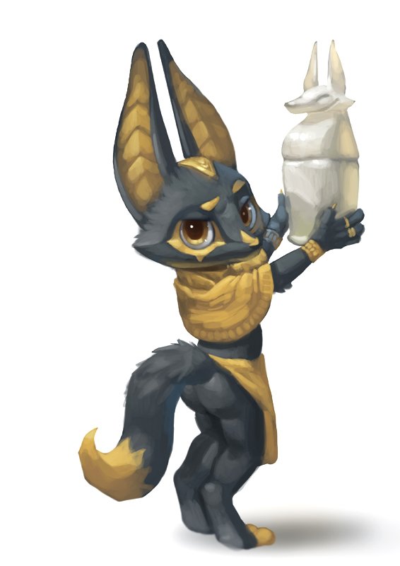 2016 anthro anubian_jackal anubis apron black_body black_fur bracelet butt canid canine canis canopic_jar clothing deity egyptian_mythology fur jackal jewelry looking_at_viewer looking_back male mammal middle_eastern_mythology mythology silverfox5213 simple_background solo white_background yellow_body yellow_eyes yellow_fur