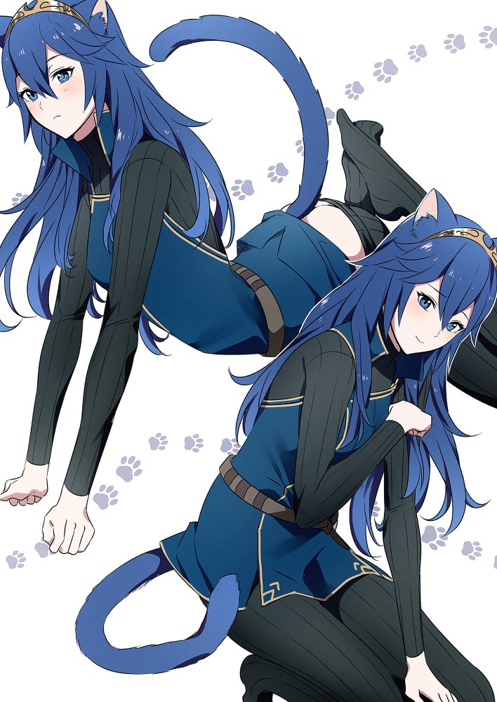 1girl ameno_(a_meno0) animal_ears ass belt black_leggings black_undershirt blue_eyes blue_hair blue_tunic butt_crack cat_ears cat_tail closed_mouth clothes_pull fire_emblem fire_emblem_awakening hair_between_eyes high_collar kemonomimi_mode kneeling leggings legs_up long_hair long_sleeves looking_at_viewer lucina_(fire_emblem) pants pants_pull parted_bangs partially_undressed paw_pose paw_print paw_print_background stretching symbol-shaped_pupils tail tiara tunic undershirt variations white_background