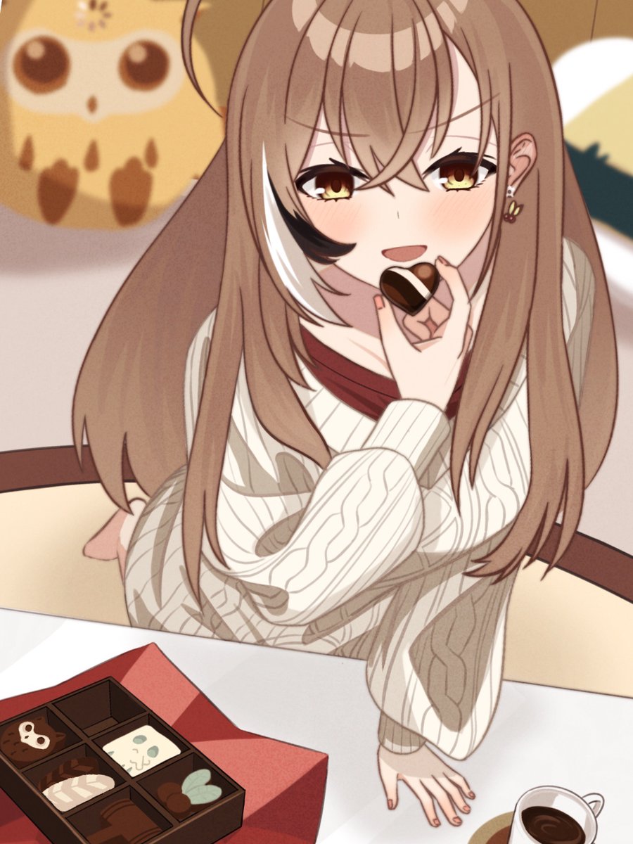 ahoge bird blurry blurry_background box box_of_chocolates brown_eyes brown_hair chocolate coffee_cup cup disposable_cup earrings food hair_between_eyes hair_over_shoulder highres holding holding_chocolate holding_food hololive hololive_english indoors jewelry leaning_on_table light_blush long_hair looking_at_viewer multicolored_hair nanashi_mumei nanashi_mumei_(casual) official_alternate_costume open_mouth oversized_clothes owl red_skirt shishi_cc skirt standing standing_on_one_leg streaked_hair stuffed_toy sweater v-shaped_eyebrows white_sweater