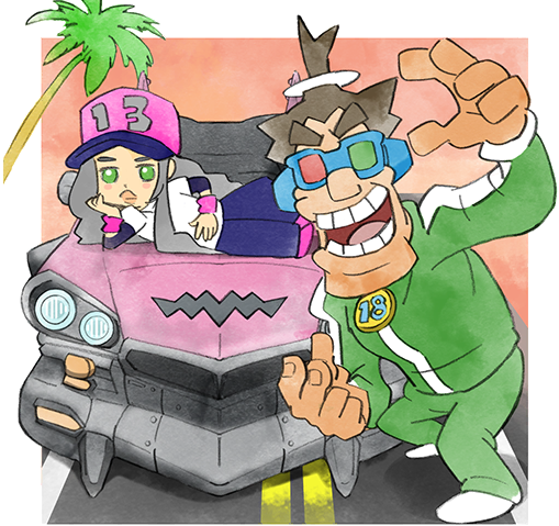 13-amp 18-volt 1boy 1girl baseball_cap car green_eyes green_pants hat heterochromatic_eyewear looking_at_viewer motor_vehicle official_art open_mouth pants sitting_on_car takeuchi_kou third-party_source track_pants track_suit tree warioware warioware:_get_it_together!