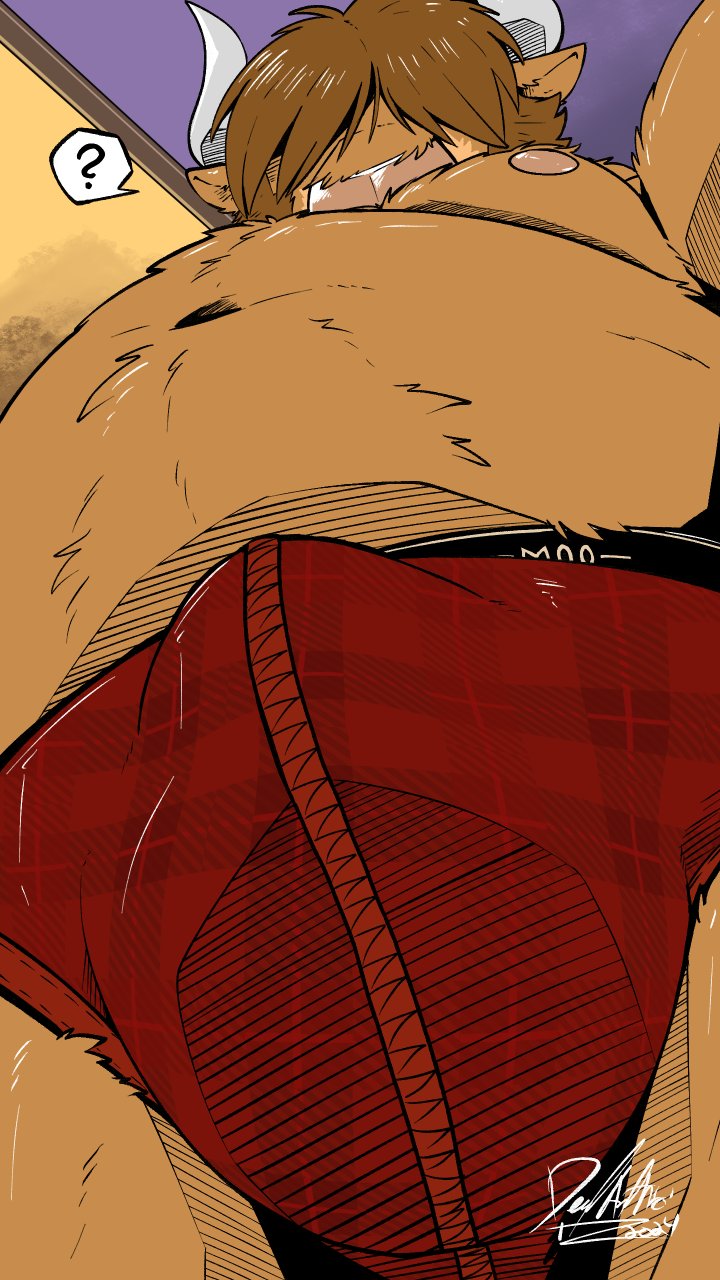 9:16 anthro belly big_belly big_bulge bovid bovine brown_body brown_fur bulge cattle clothing covered_eyes deadanthro fur hair hair_over_eyes hatching_(art) hi_res horn looking_down low-angle_view male mammal musclegut muscular navel overweight overweight_anthro overweight_male pattern_clothing pattern_underwear plaid plaid_clothing plaid_underwear question_mark red_clothing red_underwear shaded solo tenting underwear worm's-eye_view