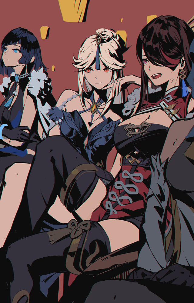 3girls beidou_(genshin_impact) black_dress black_gloves black_hair black_thighhighs blue_dress blue_eyes bracelet breasts brown_hair cleavage closed_mouth crossed_arms dress eyepatch genshin_impact gloves hair_over_one_eye hinoborukaku jewelry large_breasts multiple_girls ningguang_(genshin_impact) orange_eyes parted_bangs red_background red_eyes short_dress sitting sketch smile strapless strapless_dress thighhighs white_hair yelan_(genshin_impact)