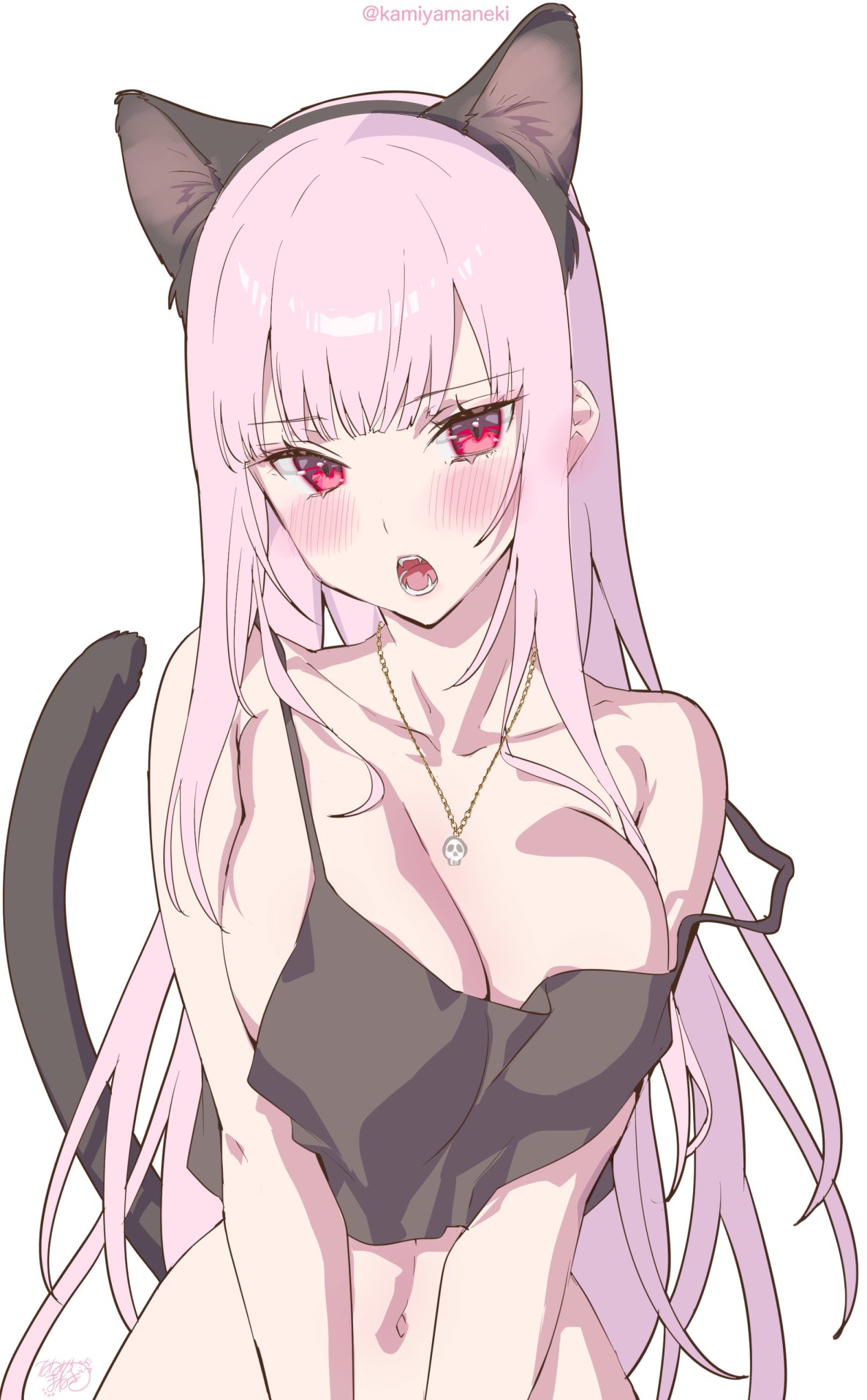 1girl :o animal_ears armpit_crease bare_shoulders blush breasts cat_ears cat_girl cat_tail cleavage collarbone commentary highres hololive hololive_english jewelry kamiya_maneki large_breasts light_blush long_hair looking_at_viewer mask midriff mori_calliope necklace open_mouth pink_eyes pink_hair red_nails red_ribbon ribbon shirt simple_background skull_necklace solo tail virtual_youtuber white_background