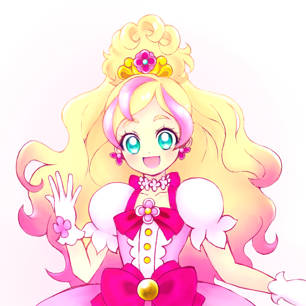 :d aqua_eyes blonde_hair blue_eyes blush bow choker cure_flora earrings gloves go!_princess_precure gradient_hair hair_ornament half_updo haruno_haruka jewelry long_hair magical_girl multicolored_hair open_mouth pink_bow pink_hair precure puffy_short_sleeves puffy_sleeves ribbon short_sleeves simple_background smile solo streaked_hair two-tone_hair upper_body wavy_hair white_background