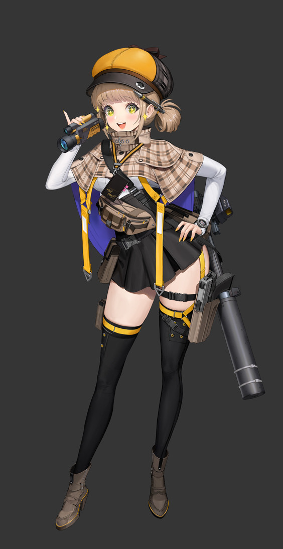 1girl black_headwear black_ribbon black_skirt black_thighhighs blonde_hair boots breasts brown_capelet brown_footwear cabbie_hat capelet character_name checkered_capelet checkered_clothes commentary fanny_pack fingernails full_body goddess_of_victory:_nikke green_eyes grey_background gun gun_on_back hair_bun hand_on_own_hip hand_up hat hat_ribbon high_heel_boots high_heels holding holding_telescope holster holstered lanyard light_blush long_sleeves looking_at_viewer medium_breasts mikan03_26 monocular nail_polish novel_(nikke) official_art open_mouth pleated_skirt ribbon scope shirt short_hair simple_background skirt smile solo spotting_scope standing star-shaped_pupils star_(symbol) symbol-shaped_pupils teeth telescope thigh_holster thighhighs two-tone_headwear upper_teeth_only watch weapon weapon_on_back white_shirt wristwatch yellow_headwear yellow_nails yellow_pupils